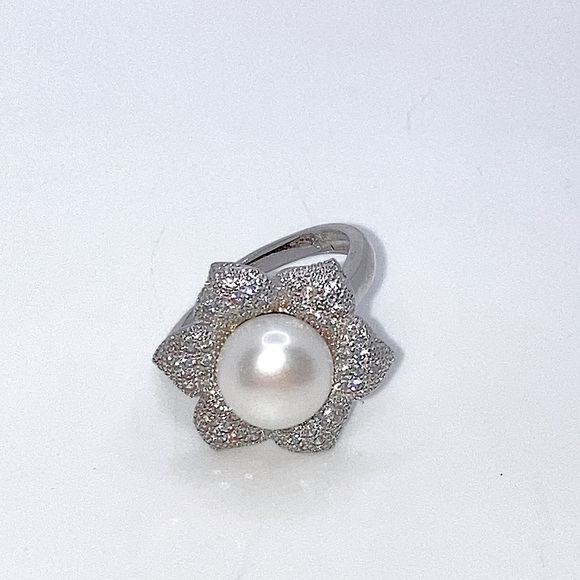 Vtg Sterling Silver Freshwater Pearl CZ Floral Flower Ring Sz 6 Adjustable - Picture 3 of 8